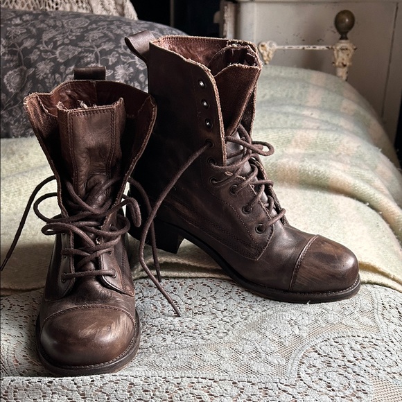 Superdry Shoes - Brown Leather Superdry moto combat army granny Victorian boots! Women’s us9 uk7